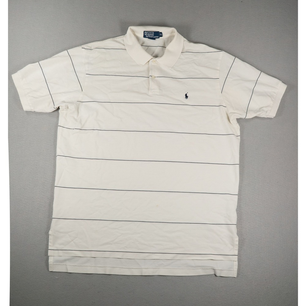 Polo Ralph Lauren Mens Short Sleeve Striped Pique Polo Shirt XL Cream Navy Blue